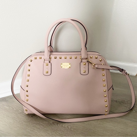 Michael Kors Sandrine Large Soft Pink Leather Studded Domed Satchel Purse Bag - Picture 1 of 14